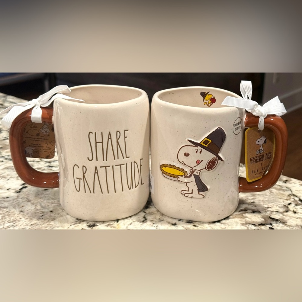 Rae Dunn Peanuts Mug featuring Snoopy and Woodstock - “SHARE GRATITUDE”